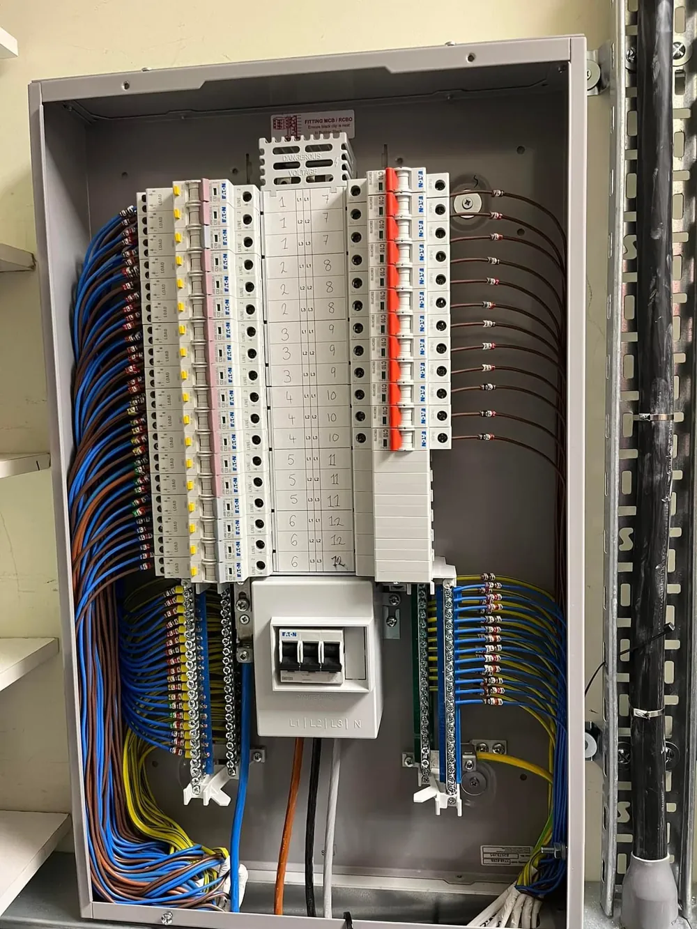 Three-phase distribution board installed and labelled by DTF Electrical